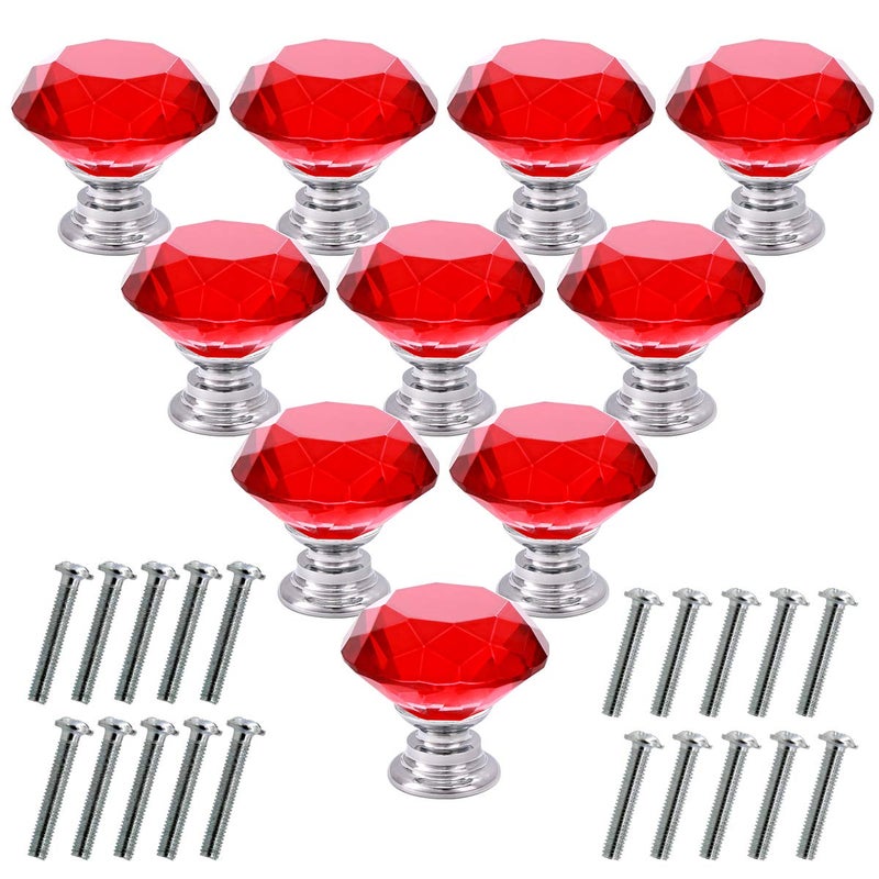 اكستور 10 قطع من مقابض الخزانات الزجاجية الكريستالية من Akstore 30 ملم على شكل الماس درج خزائن المطبخ وخزانة الملابس وخزانة الملابس ومقابض (أحمر) - Image 1